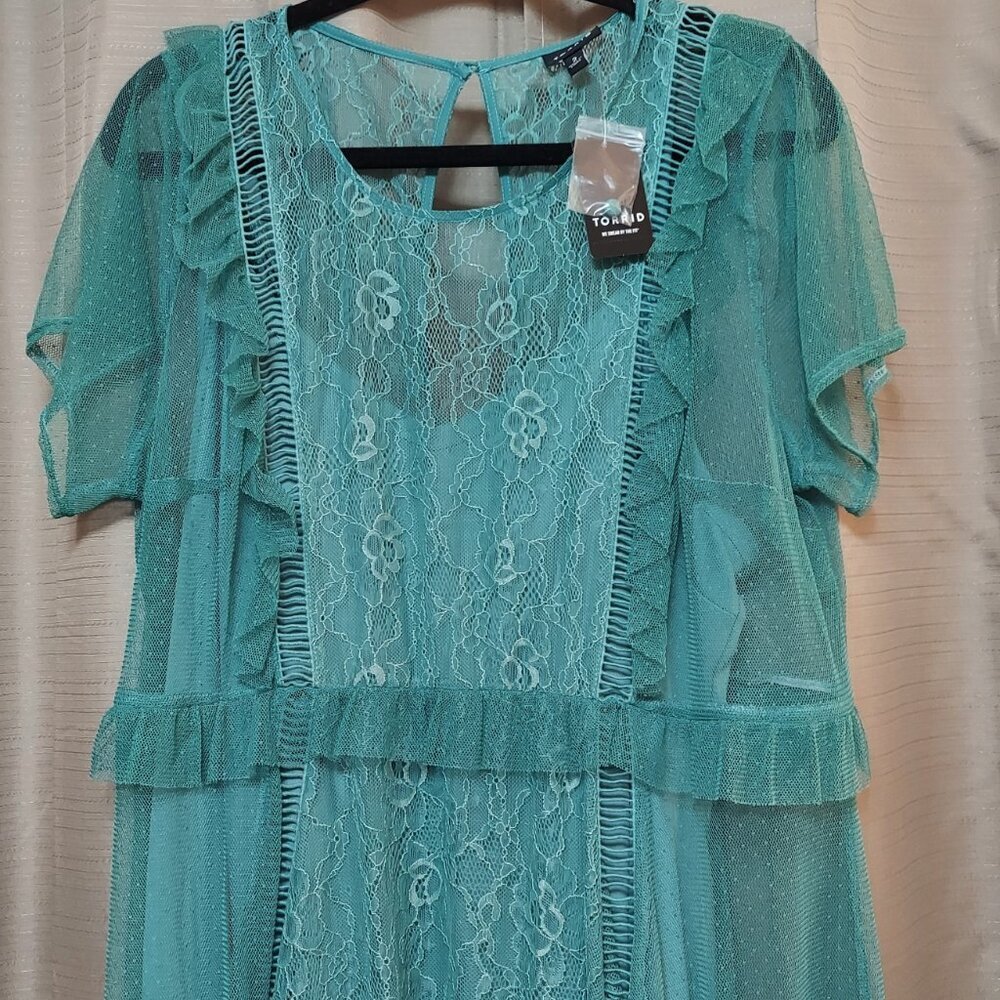 NWT Torrid Size 2 Teal Lace Mesh Skater Dress - Picture 4 of 5